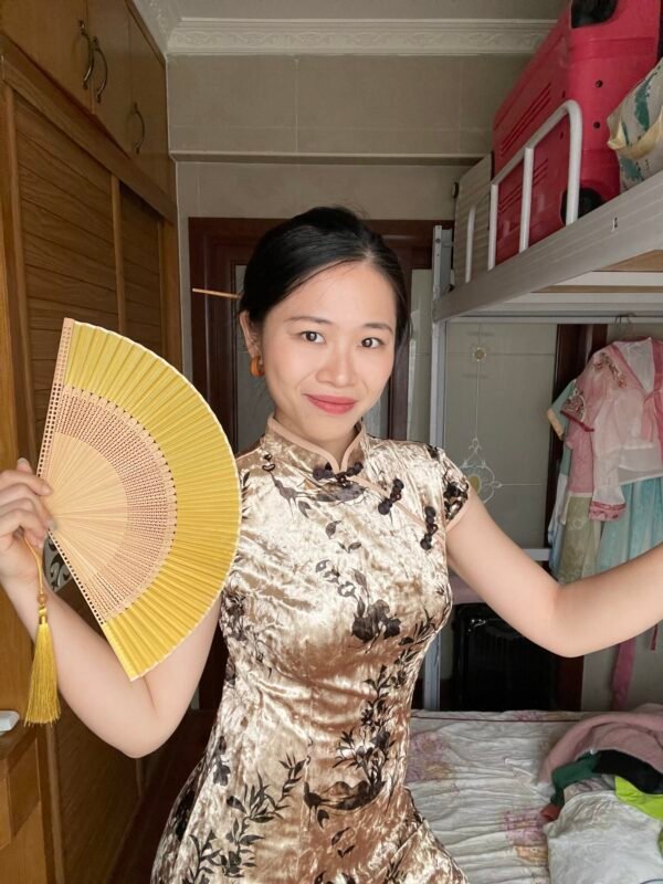 Champagne Gold Velvet print Qipao Dress