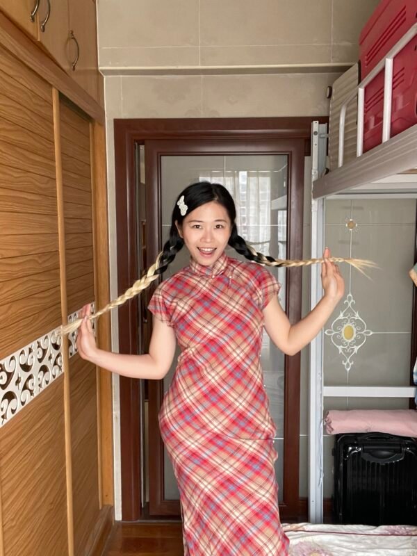 Red Plaid Slim-Fit Qipao Dress