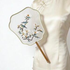 Double-Sided Embroidered Magnolia Flower Bird Silk Hand Fan (Elegant Chinese Art Craft)